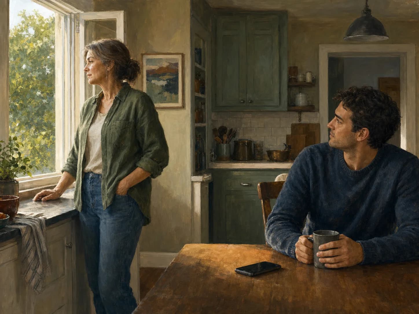 A mother pauses by an open kitchen window while her adult son waits at the table after a tense conversation