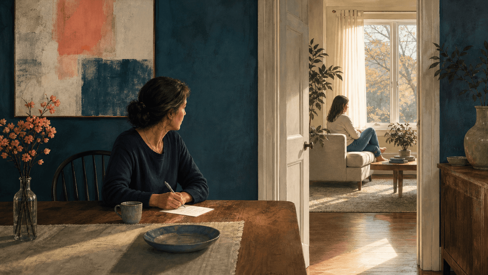 A mother writes an apology at a table while giving her adult daughter space in the next room