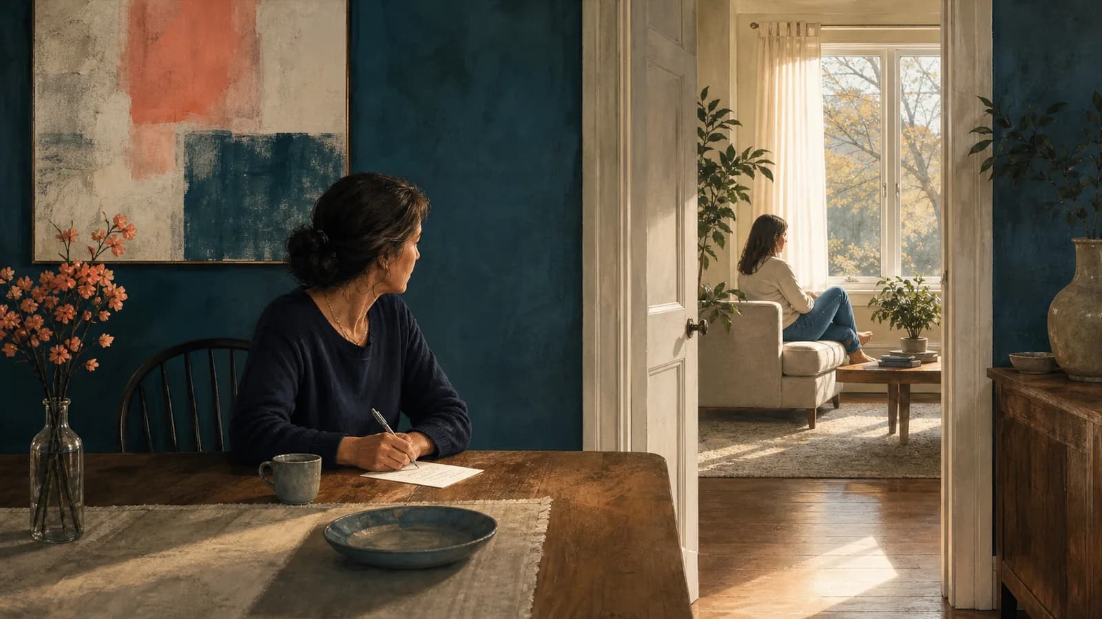 A mother writes an apology at a table while giving her adult daughter space in the next room