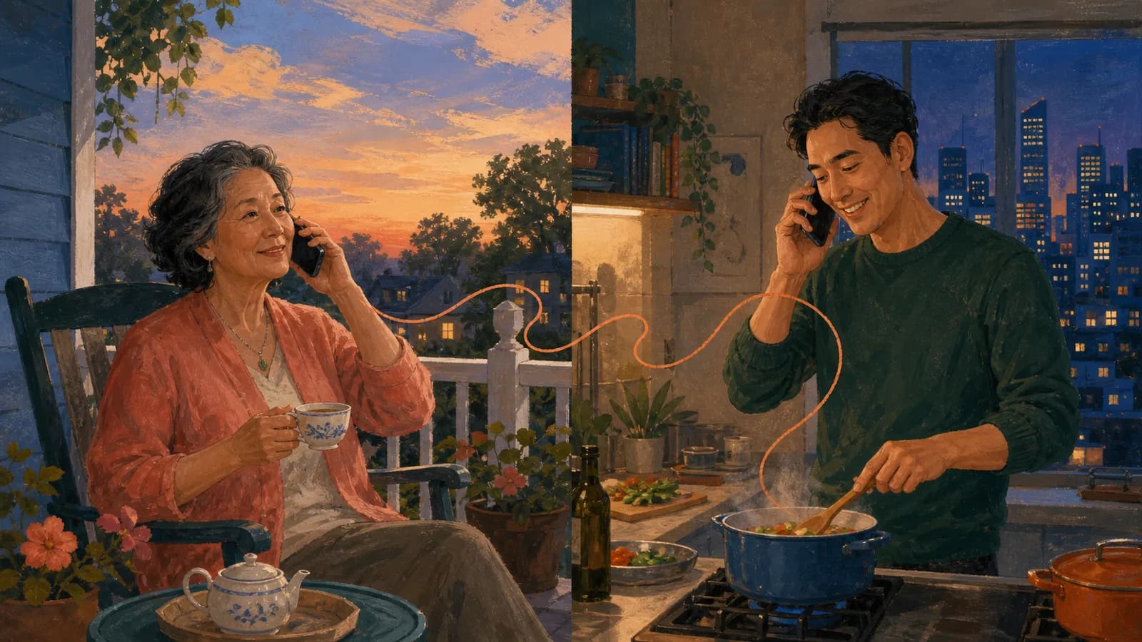 A mother on her porch and her adult son in his apartment share a relaxed evening phone call