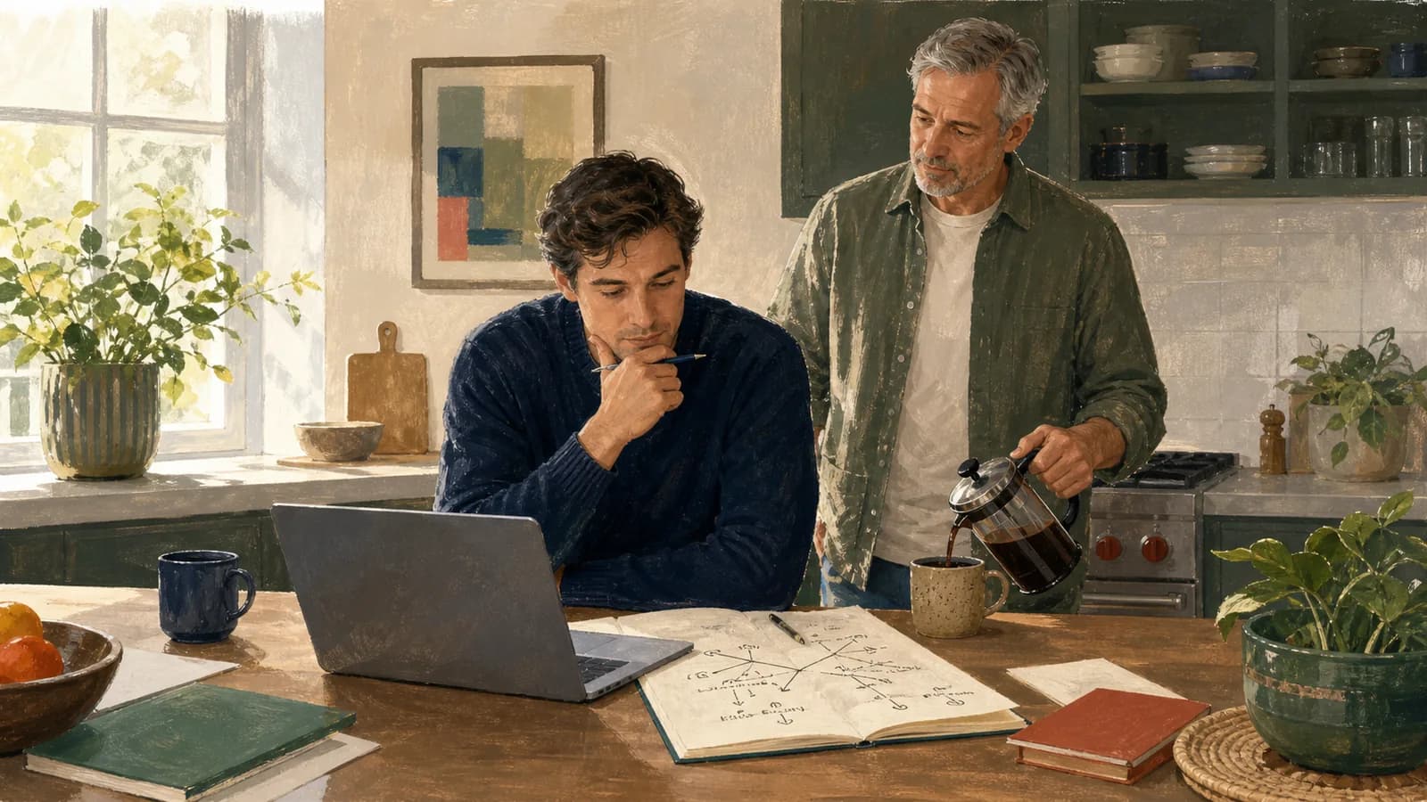 A father listens while his adult son compares career options at a kitchen table