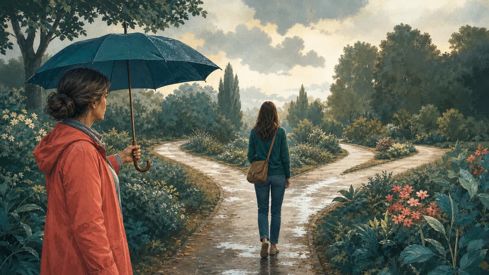 A mother offers an umbrella while her adult daughter chooses her own path through a garden