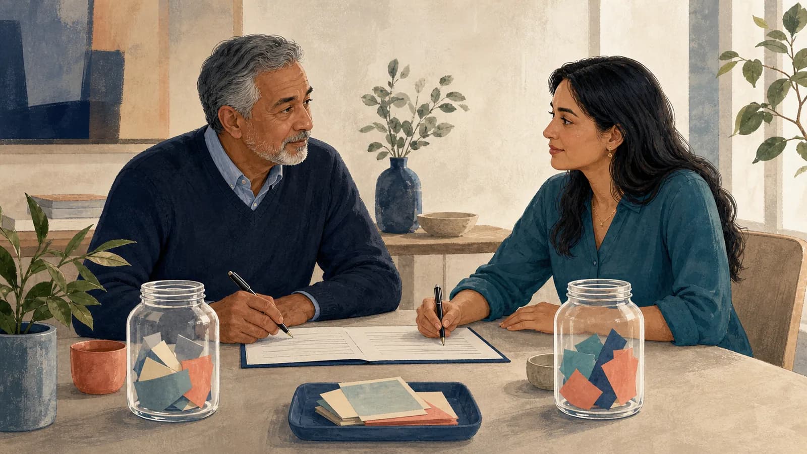 A father and adult daughter write down clear terms for financial support