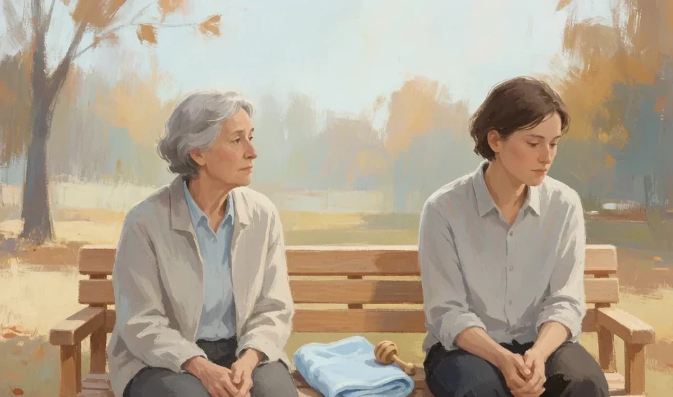 A parent and adult child sit on a park bench with empty space between them, suggesting an imagined grandchild who may never arrive