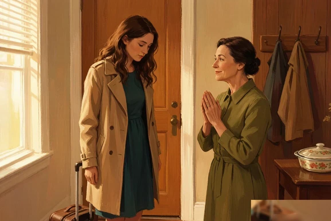 An adult daughter stands in her childhood hallway with a suitcase at her feet, coat half-unbuttoned, while her mother stands a few feet away with clasped hands, visibly holding back a rush of questions