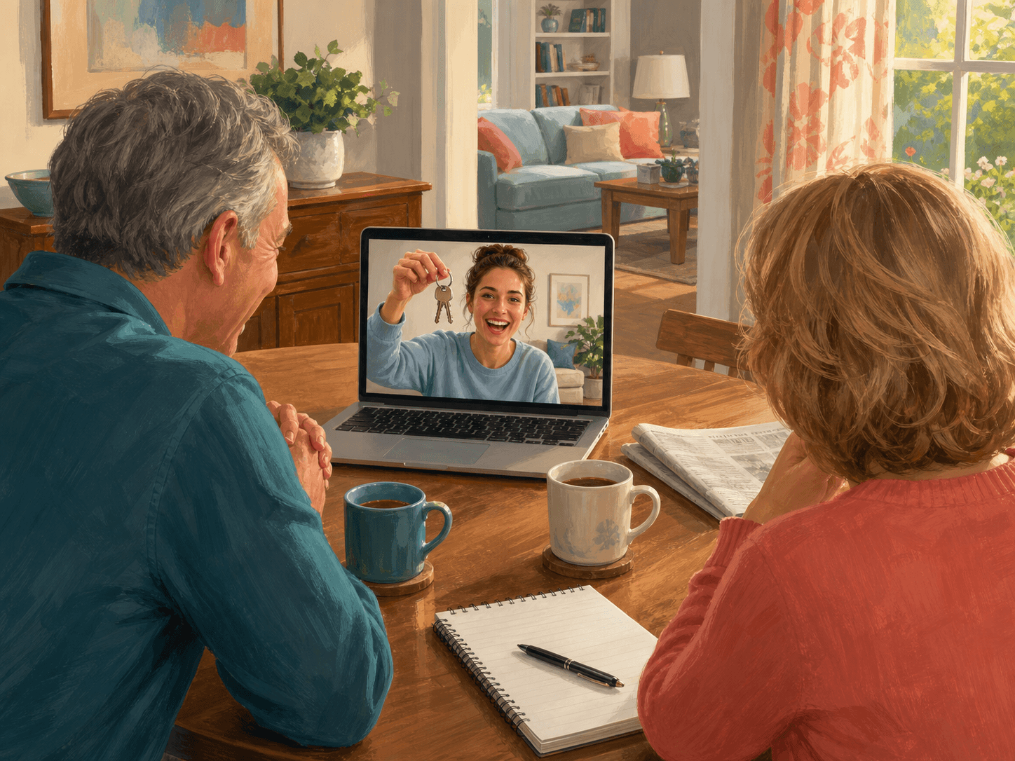 Parents enjoy their adult daughter's news on a video call after setting aside a notepad of practical concerns