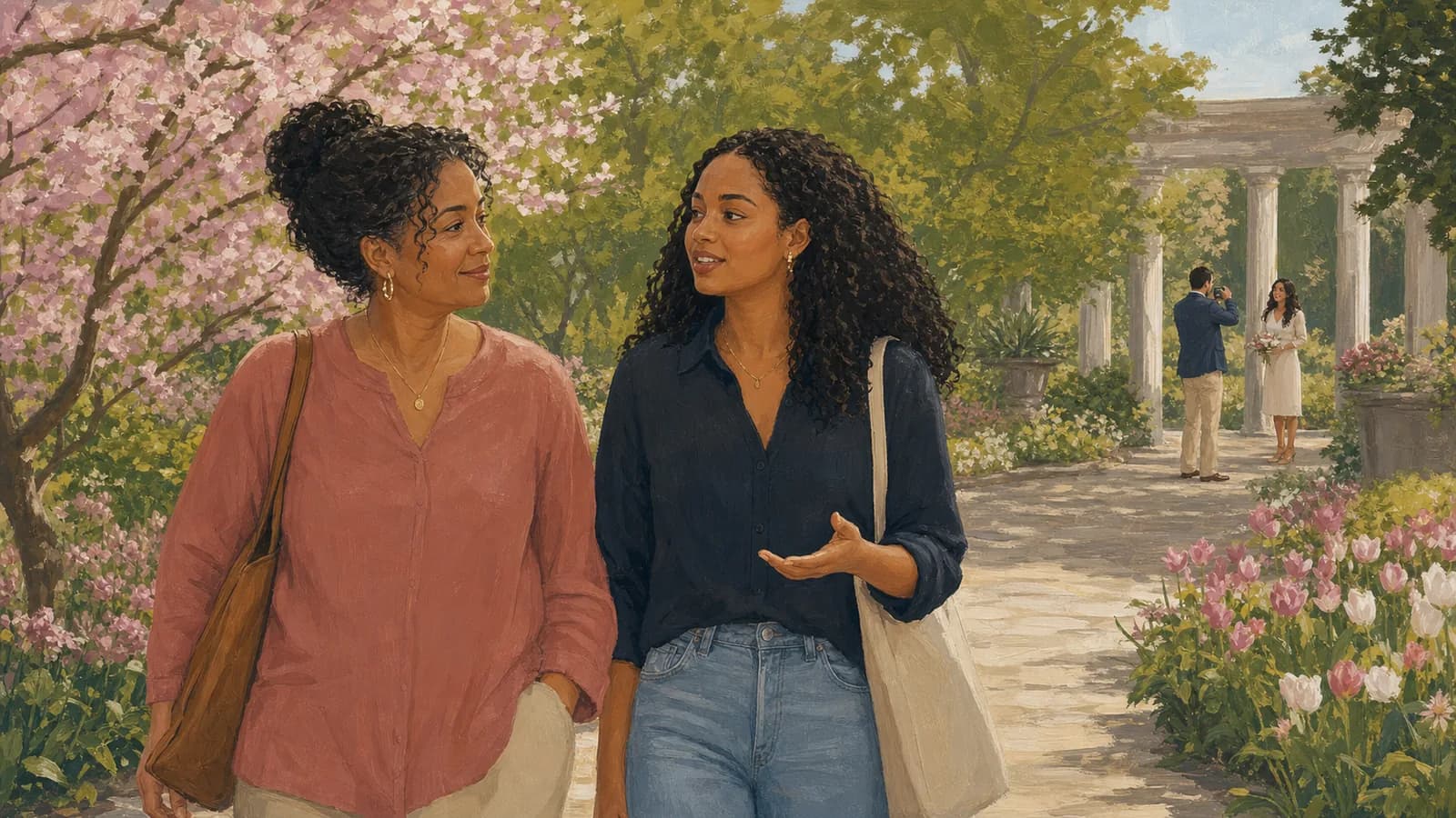 A mother listens to her adult daughter while they walk past an engagement photo session