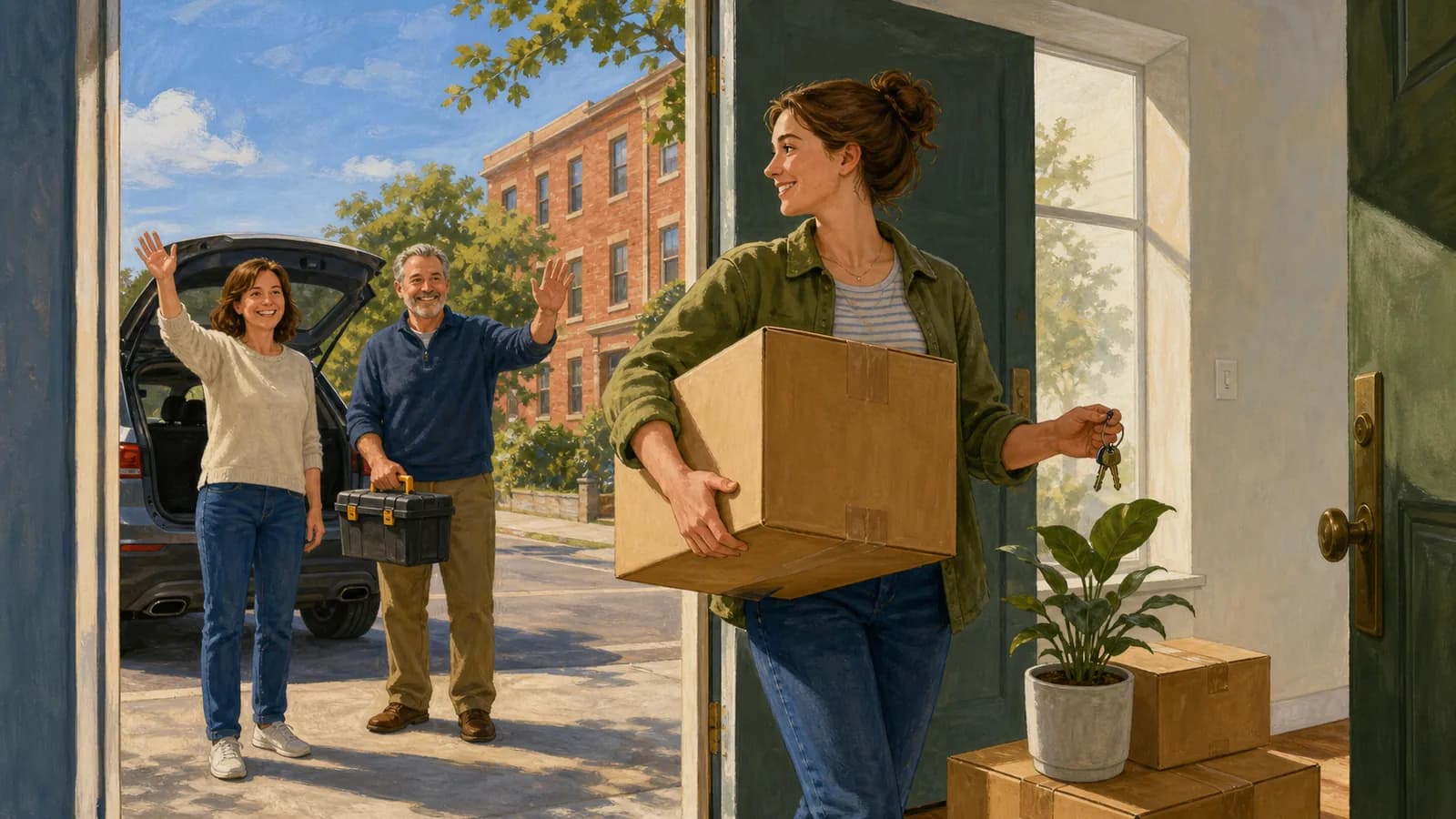 An adult daughter carries a final box into her apartment while her parents wave from the car