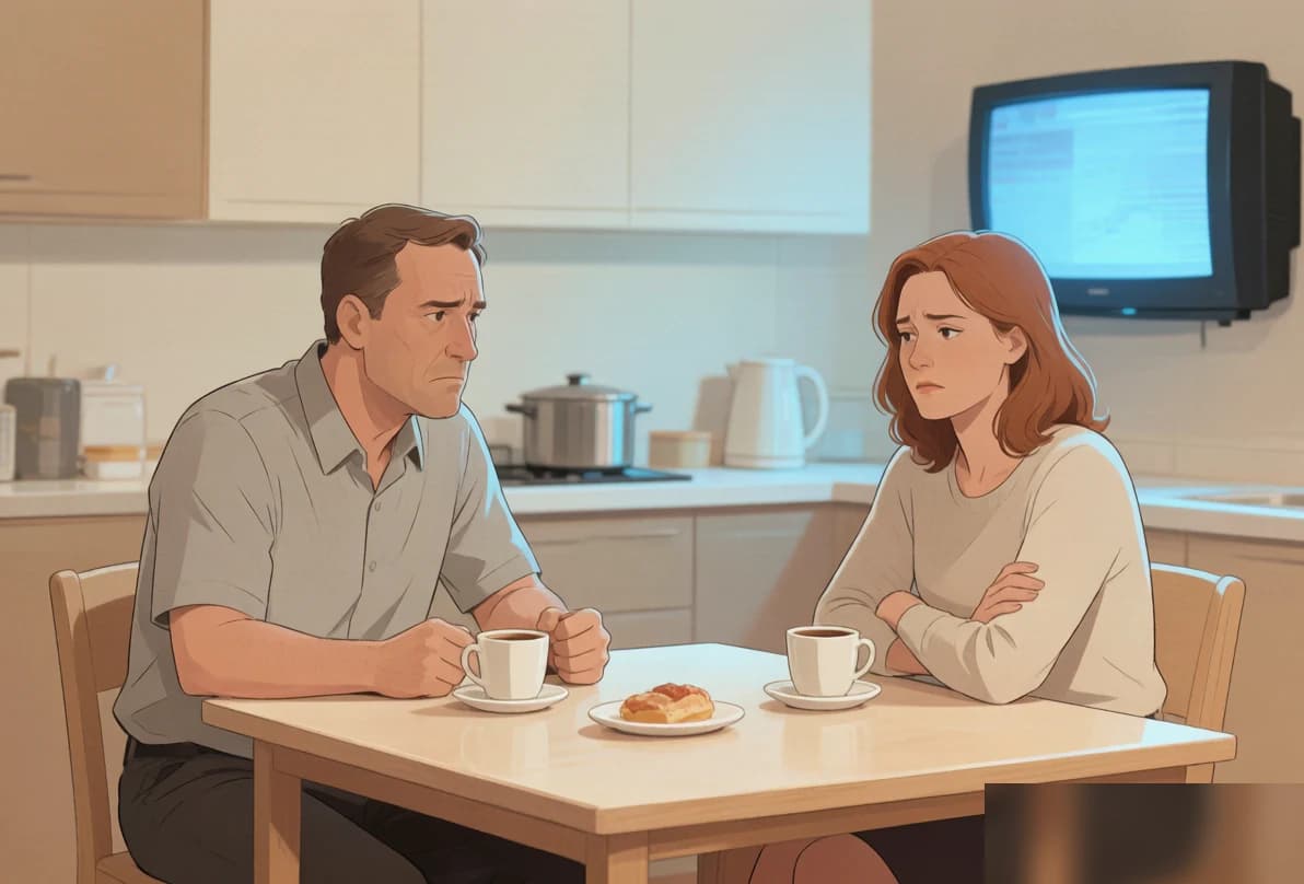 A father and adult daughter sit at a kitchen table with coffee cups, both looking in different directions while a muted television casts blue light from the corner of the room