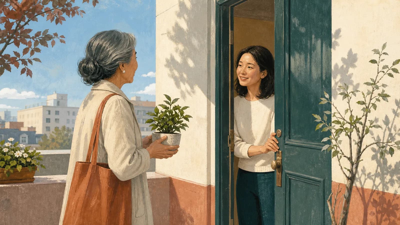 A mother waits at the threshold as her adult daughter welcomes her into an apartment