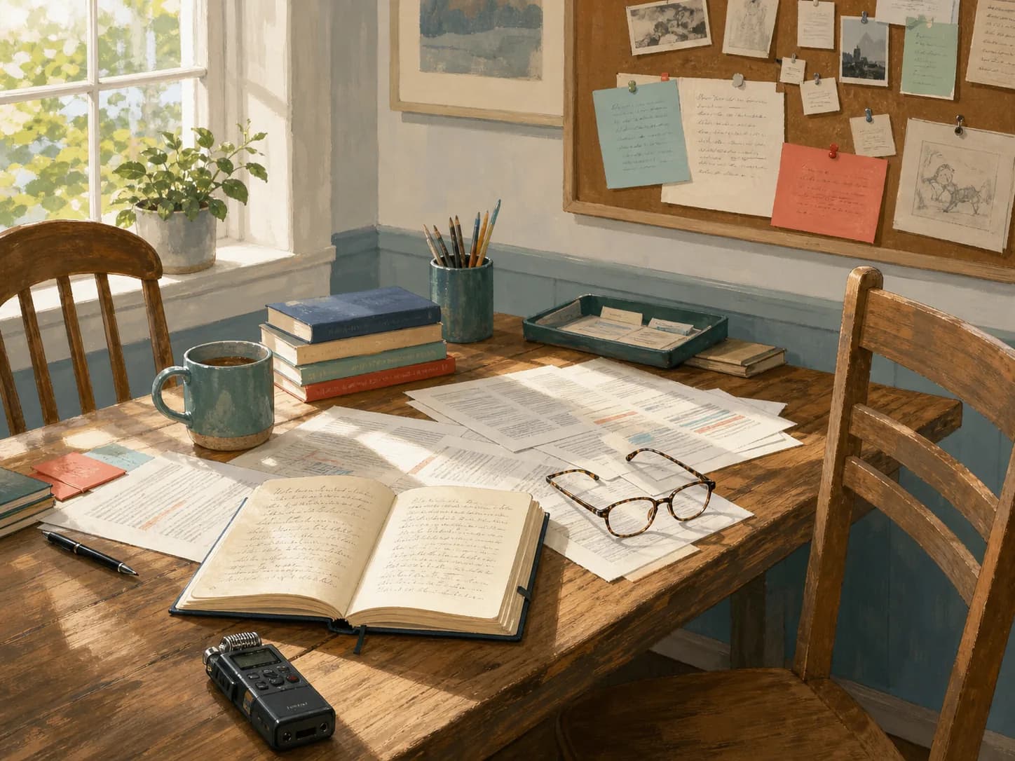 An editorial desk with research pages, a notebook, and two empty chairs representing both generations in the conversation