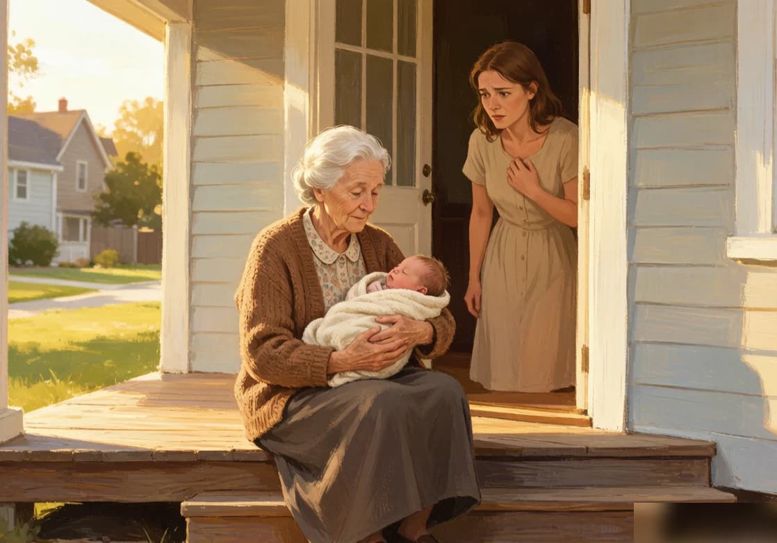 A grandmother sits on a porch step holding a swaddled infant while her adult daughter stands in the doorway watching with a cautious, tender expression