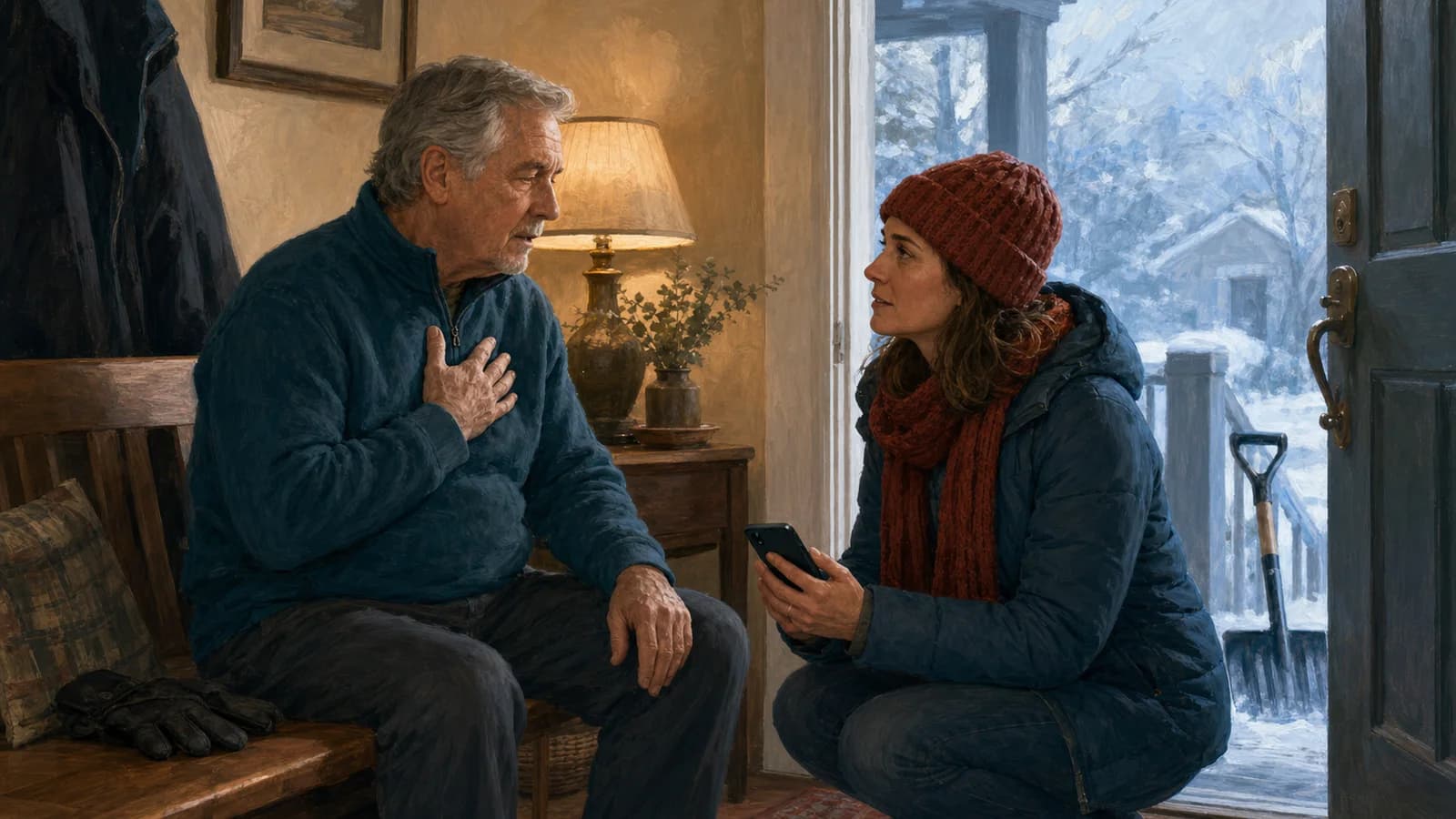 An older father pauses on an entryway bench after coming in from the snow while his adult daughter watches attentively with a phone ready
